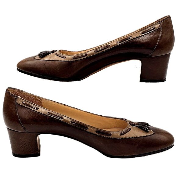 Vintage Salvatore Ferragamo Womens 7.5 Brown Tan Italy Leather Dress Pumps Heels - Picture 5 of 11